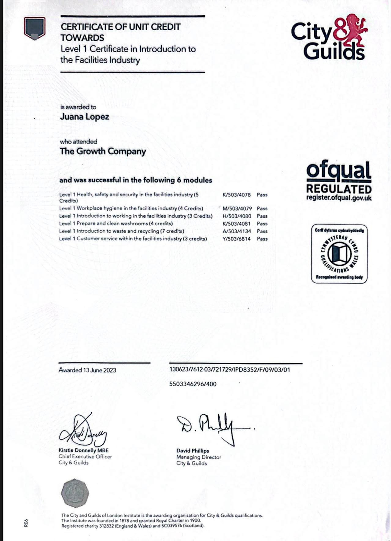 AJ Glow City & Guilds cleaning certificate